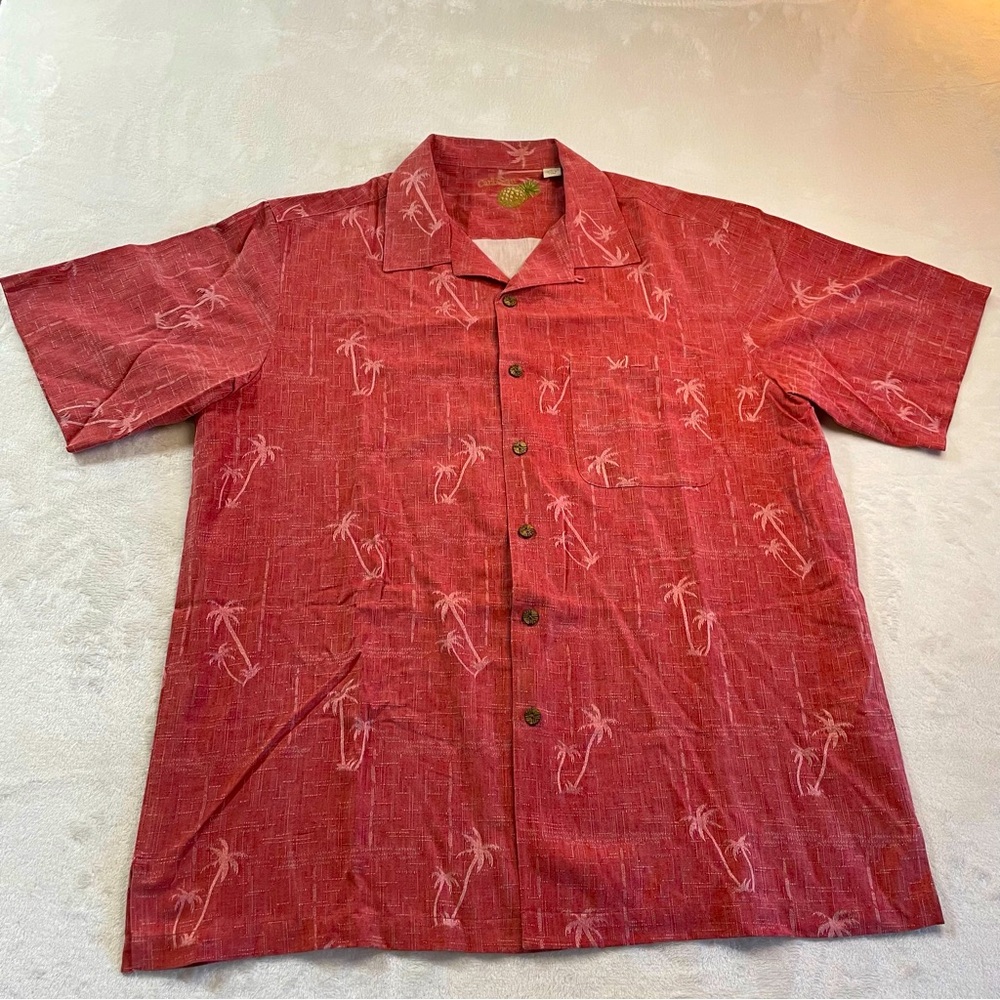 Caribbean Hawaiian Shirt Mens Large Red 100% Silk Tropical Vacation Wood Buttons